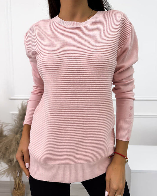 Round Neck Sweater with Button Accents