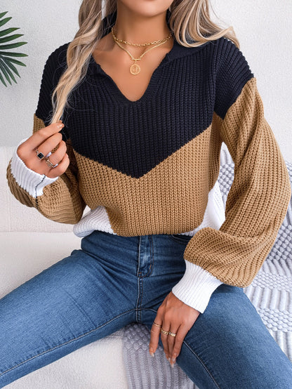 Relaxed V-Neck Striped Patchwork Knit Sweater