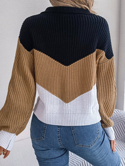 Relaxed V-Neck Striped Patchwork Knit Sweater