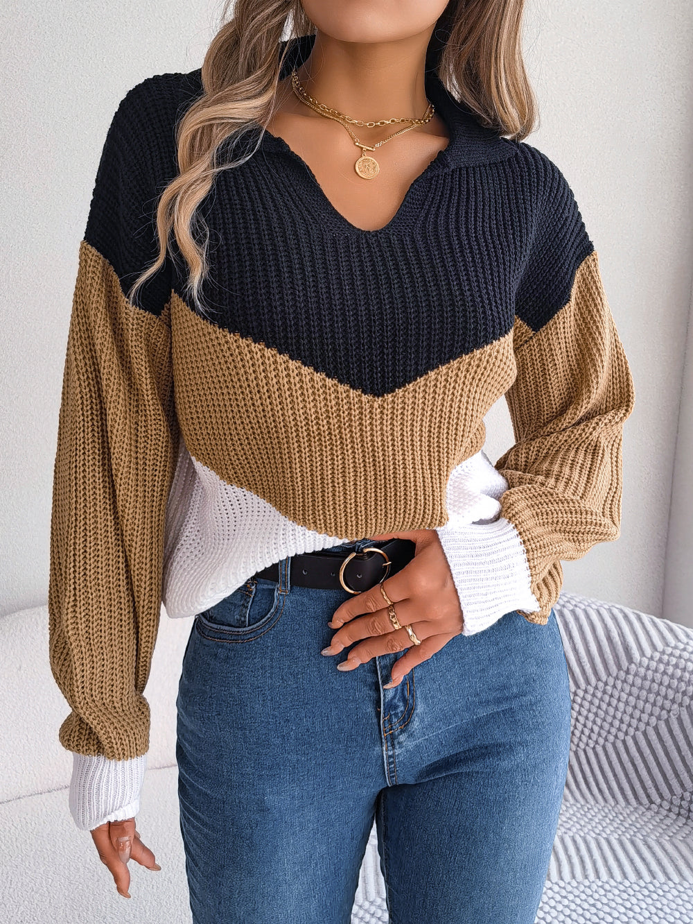 Relaxed V-Neck Striped Patchwork Knit Sweater