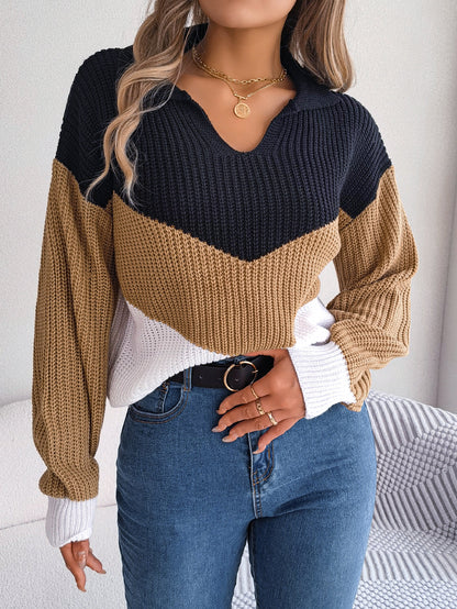Relaxed V-Neck Striped Patchwork Knit Sweater