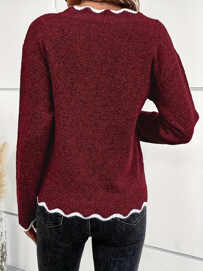 Elin | Stylish V-Neck Sweater with Scalloped Details and Long Sleeves