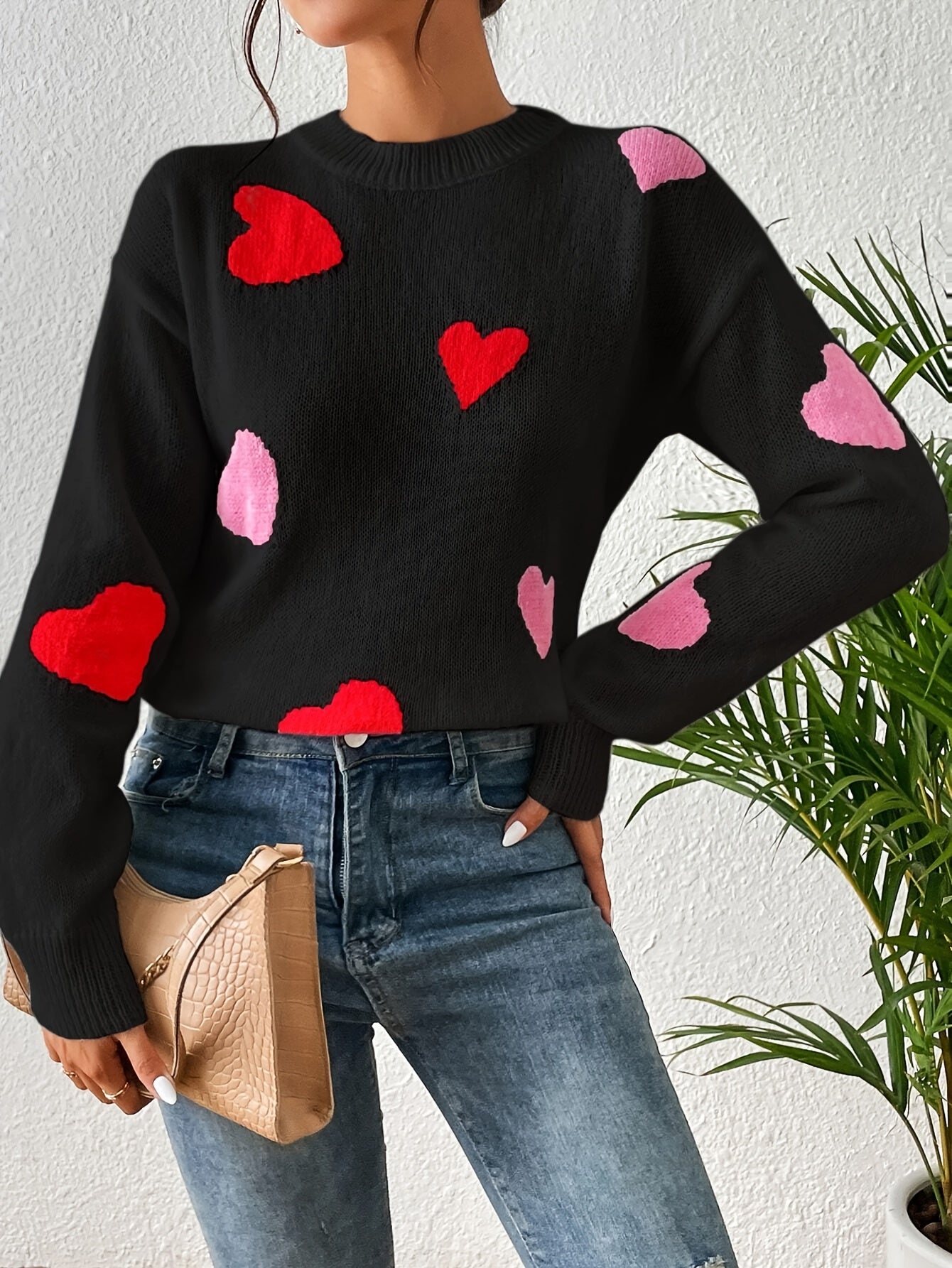 Elise | Women's Heart Pattern Round Neck Sweater