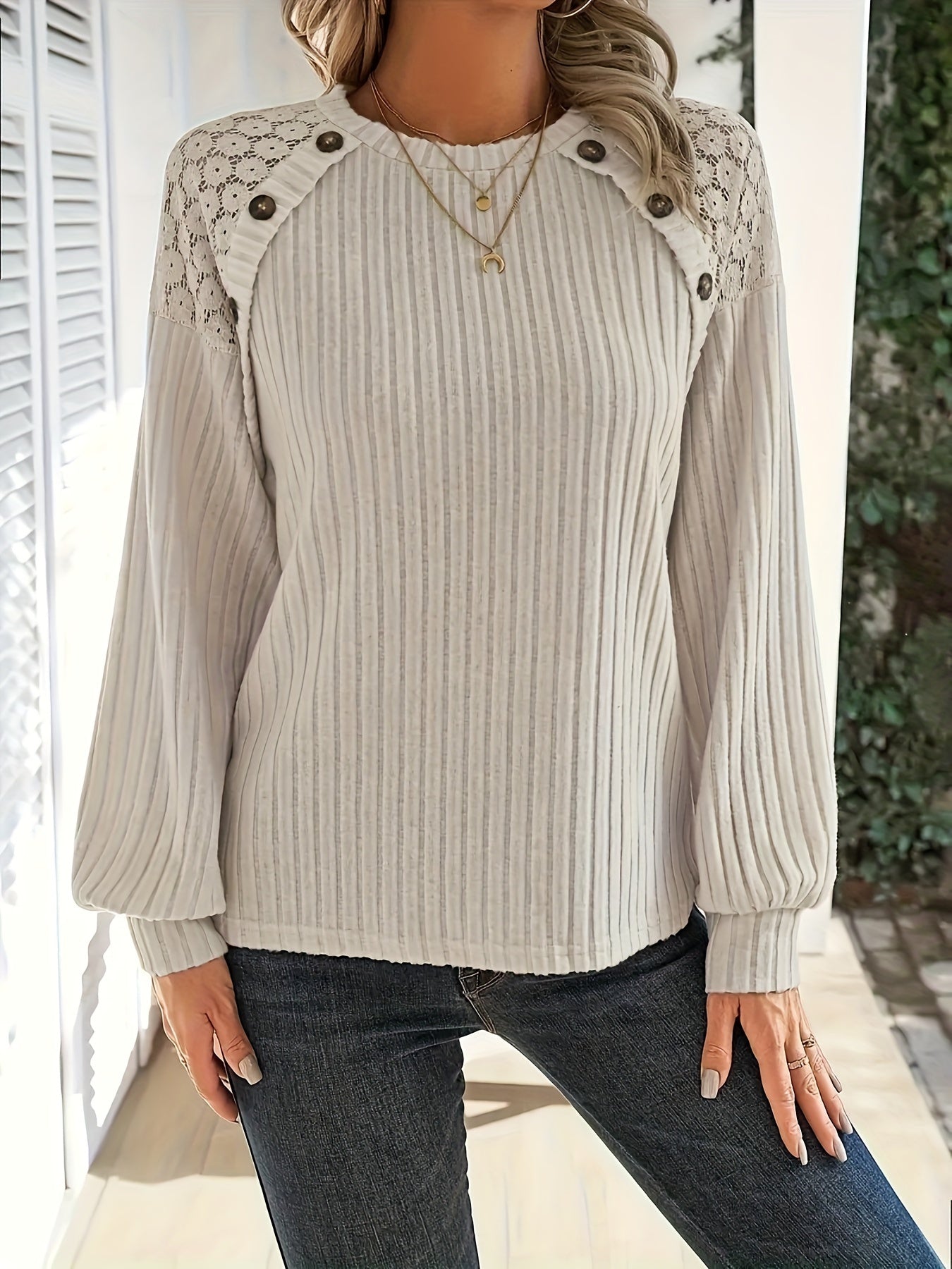 Emma | Chic Women's Polyester Sweatshirt Featuring Lace Shoulder Details and Button Accents