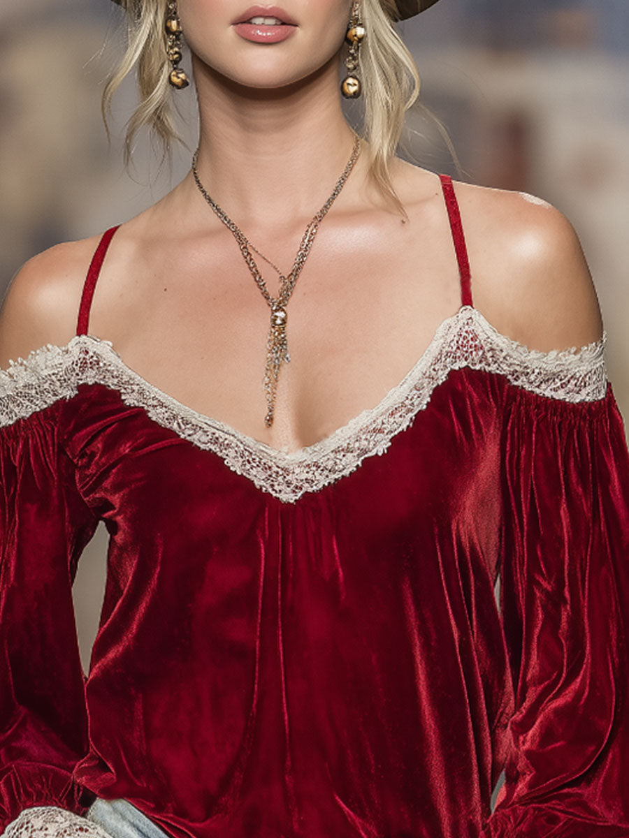 Strapless Velvet V-Neck T-Shirt with Lace Trim and Long Sleeves