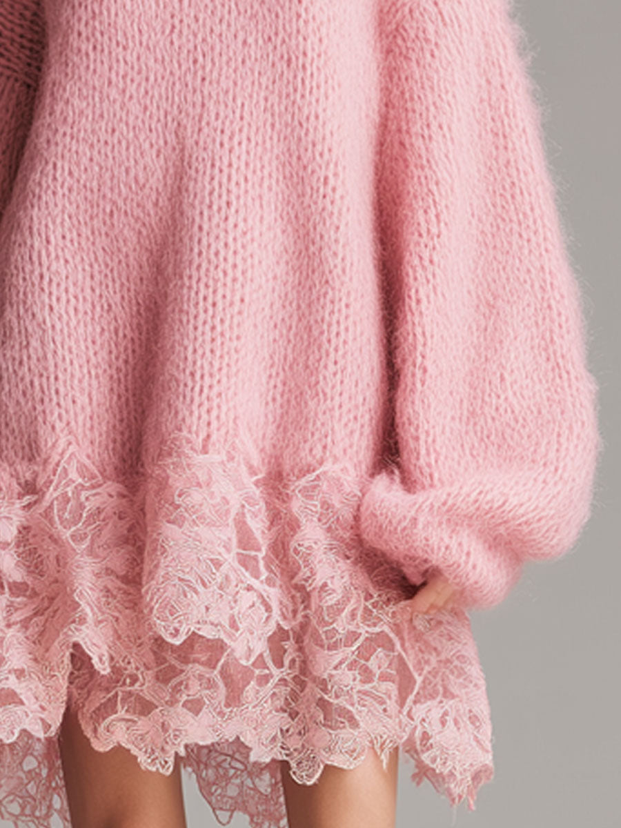 Chic Retro Pink Lace Knit Mini Dress with Long Sleeves and Round Neck
