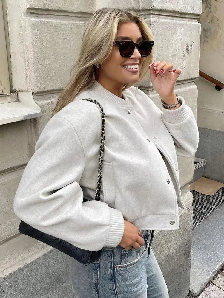 Chic Women's Wool Blend Bomber Jacket with Button Closure and Ribbed Cuffs