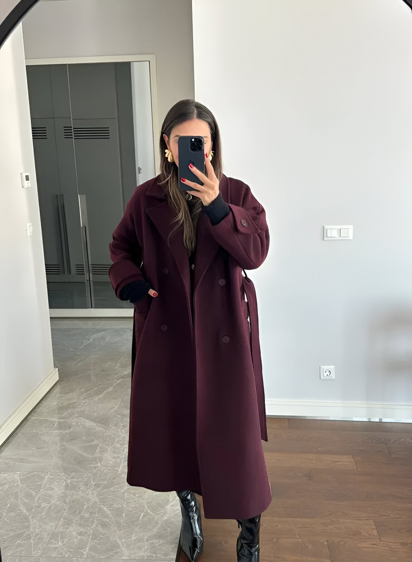Burgundy Oversized Wool Jacket for Women - Classic Elegance