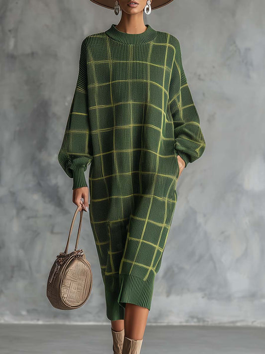 Retro Comfort Green Check Midi Dress with Round Neck