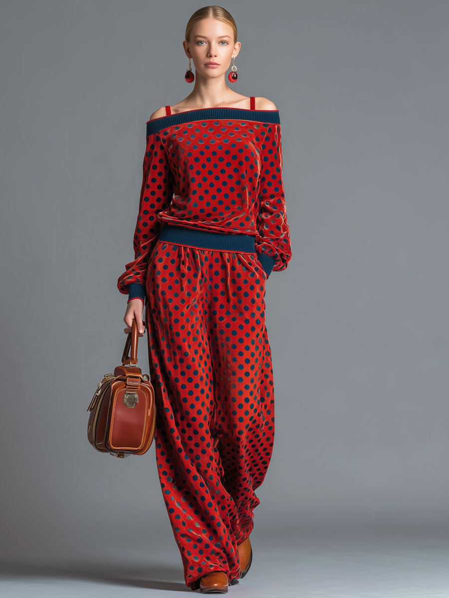 Vintage-Inspired Off-the-Shoulder Red Velvet Sweatshirt and Skirt Set with Dots