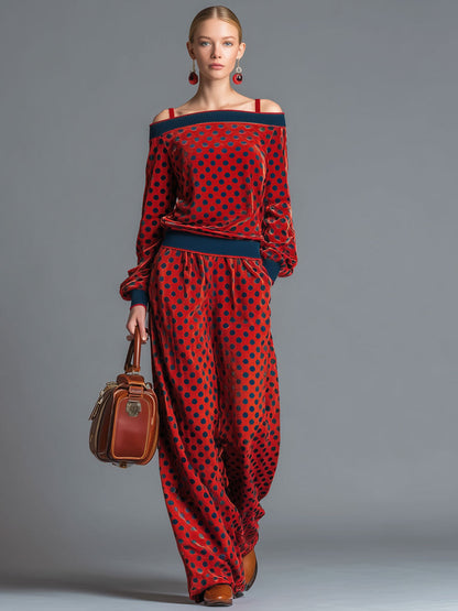 Vintage-Inspired Off-the-Shoulder Red Velvet Sweatshirt and Skirt Set with Dots