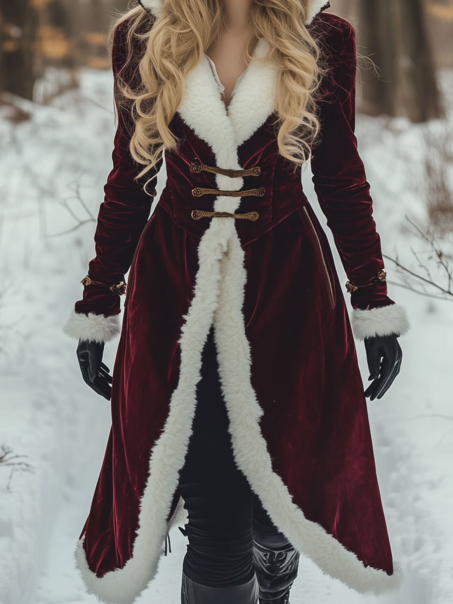 24-Hour Shipping: Vintage-Inspired Loose Midi Hooded Coat in Velvet and Wool with Pockets