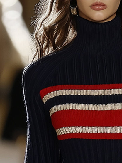 Chic Vintage-Style Red and White Striped Dress with High Collar