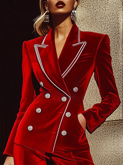 Chic Red Velvet Suit with Silver Accents - Ships Within 24 Hours