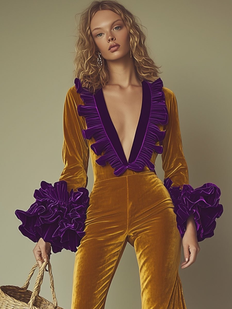 Chic Purple Velvet Jumpsuit with Ruffles, Long Sleeves, and Flared Legs
