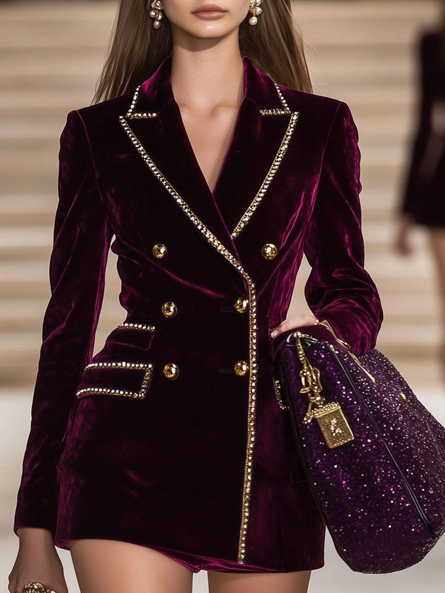 24-Hour Dispatch: Burgundy Velvet Casual Vintage Mini Dress with Gold Accents and Double Closure