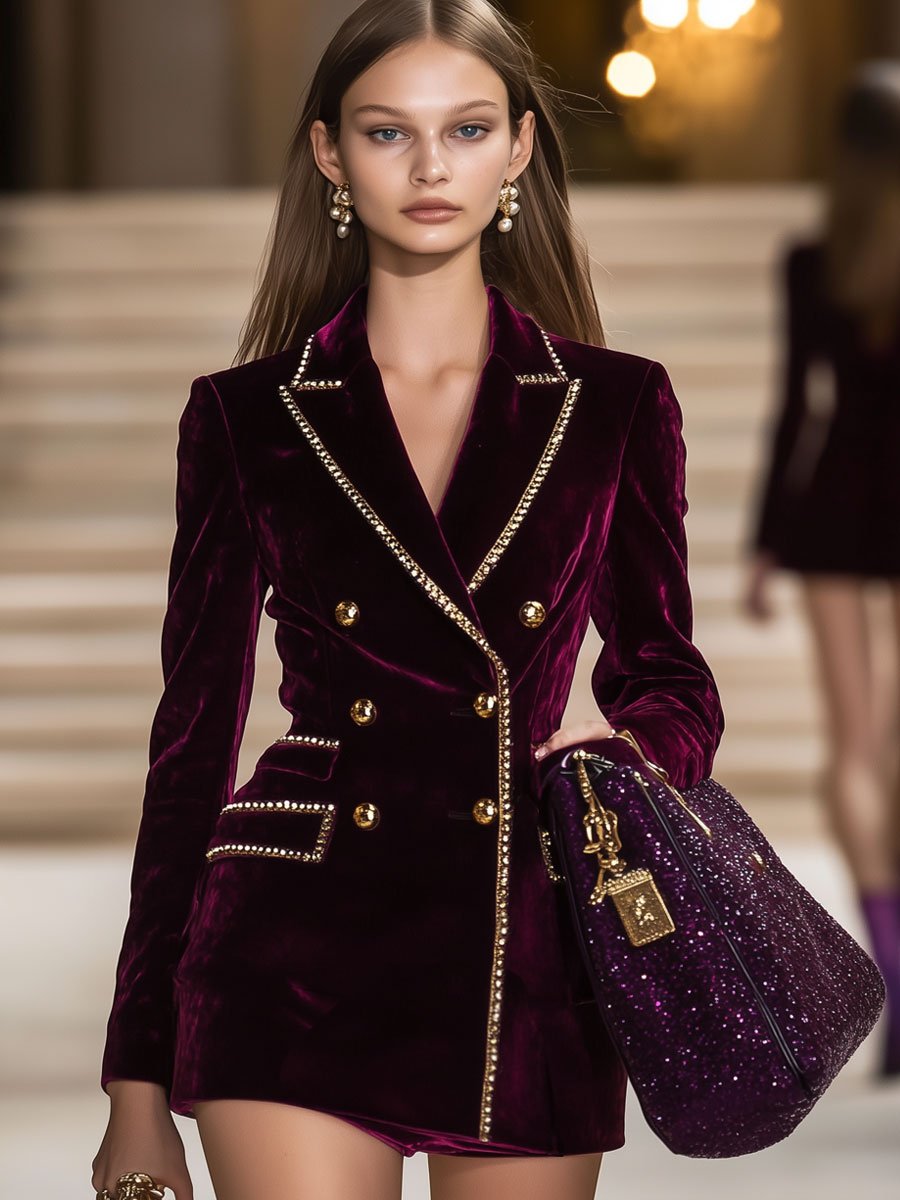 24-Hour Dispatch: Burgundy Velvet Casual Vintage Mini Dress with Gold Accents and Double Closure