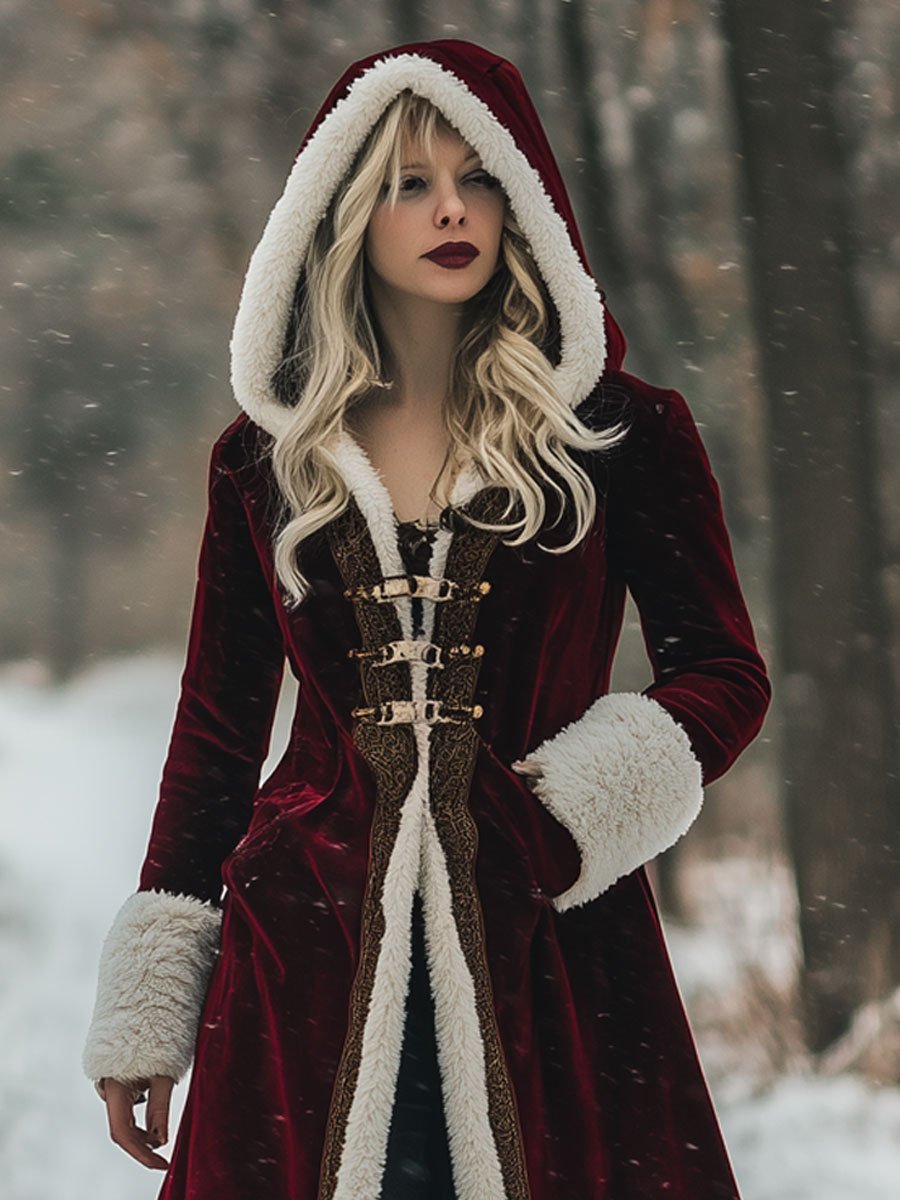 24-Hour Shipping: Vintage-Inspired Loose Velvet Wool Coat with Golden Accents and Hood