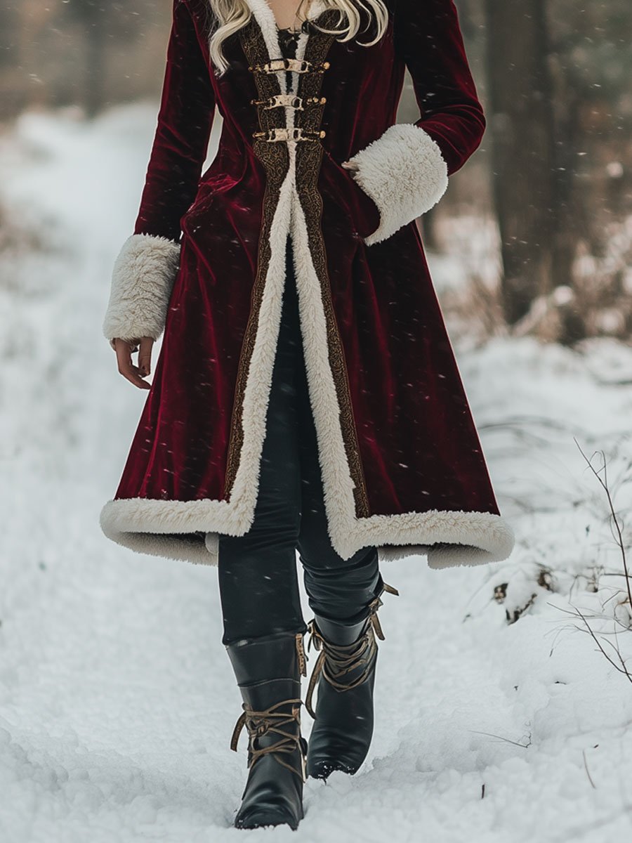 24-Hour Shipping: Vintage-Inspired Loose Velvet Wool Coat with Golden Accents and Hood