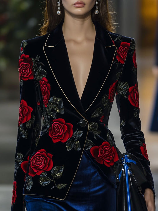 24-Hour Dispatch: Vintage Velvet Blazer with Red Rose Design and Gold Accents - Casual Loose Fit