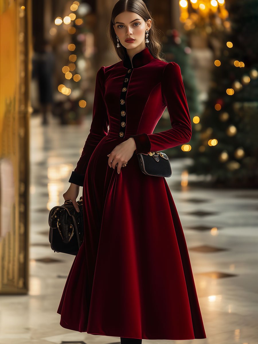 Chic Velvet Midi Dress in Ankola Red with Long Sleeves - Retro Style