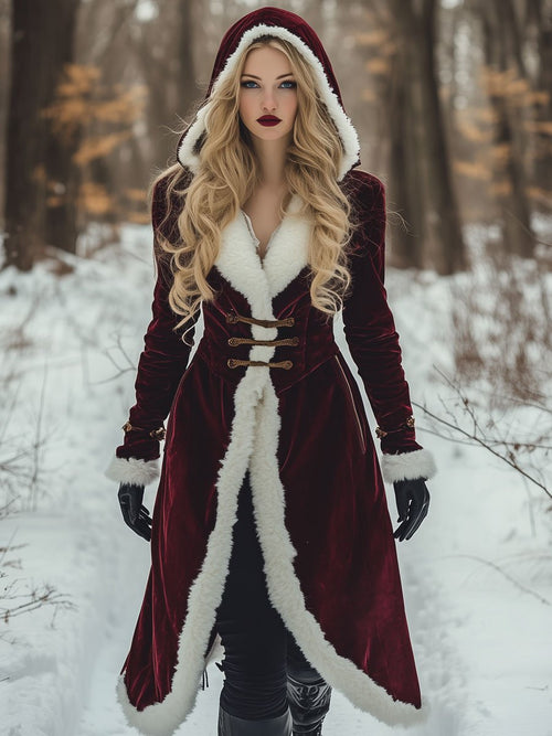 24-Hour Shipping: Vintage-Inspired Loose Midi Hooded Coat in Velvet and Wool with Pockets