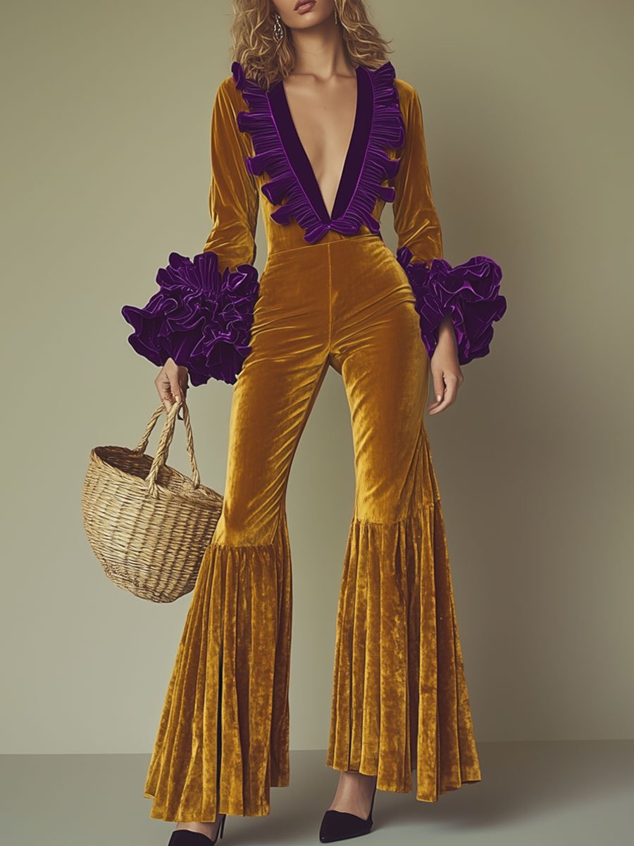 Chic Purple Velvet Jumpsuit with Ruffles, Long Sleeves, and Flared Legs