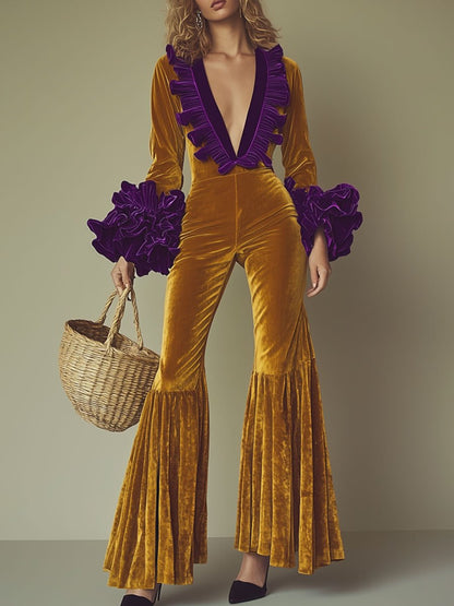 Chic Purple Velvet Jumpsuit with Ruffles, Long Sleeves, and Flared Legs