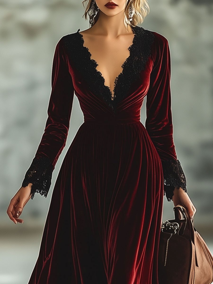 Chic Retro Maxi Dress with Lace Accents and Long Sleeves
