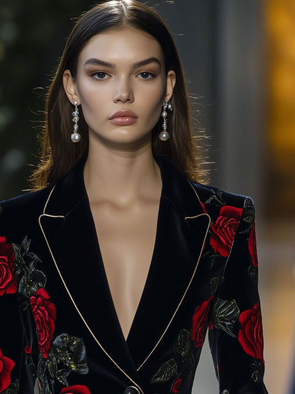 24-Hour Dispatch: Vintage Velvet Blazer with Red Rose Design and Gold Accents - Casual Loose Fit