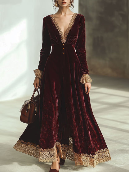 Ankola Velvet Lace Maxi Dress in Wintage Red with V-Neck and Long Sleeves