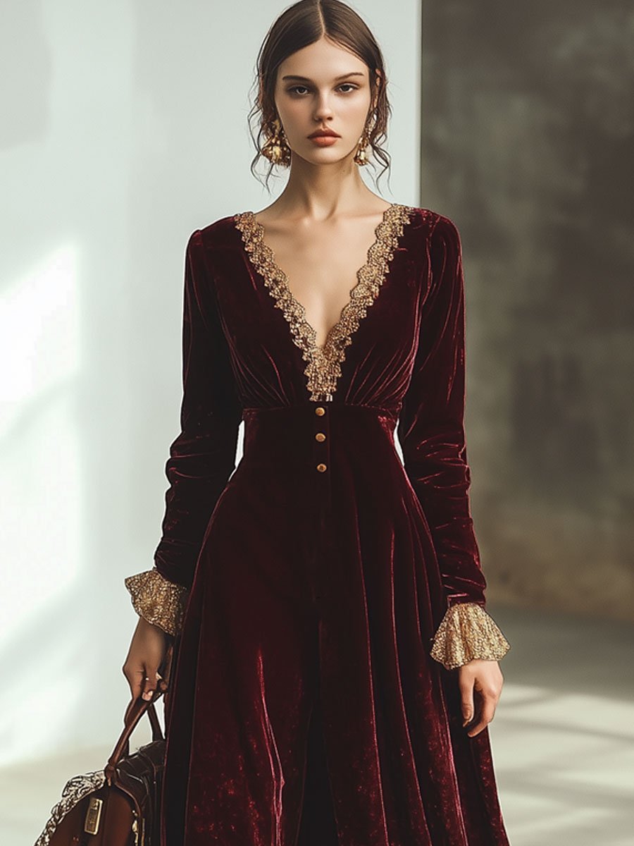 Ankola Velvet Lace Maxi Dress in Wintage Red with V-Neck and Long Sleeves