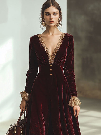 Ankola Velvet Lace Maxi Dress in Wintage Red with V-Neck and Long Sleeves