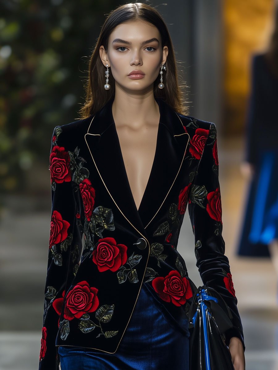 24-Hour Dispatch: Vintage Velvet Blazer with Red Rose Design and Gold Accents - Casual Loose Fit