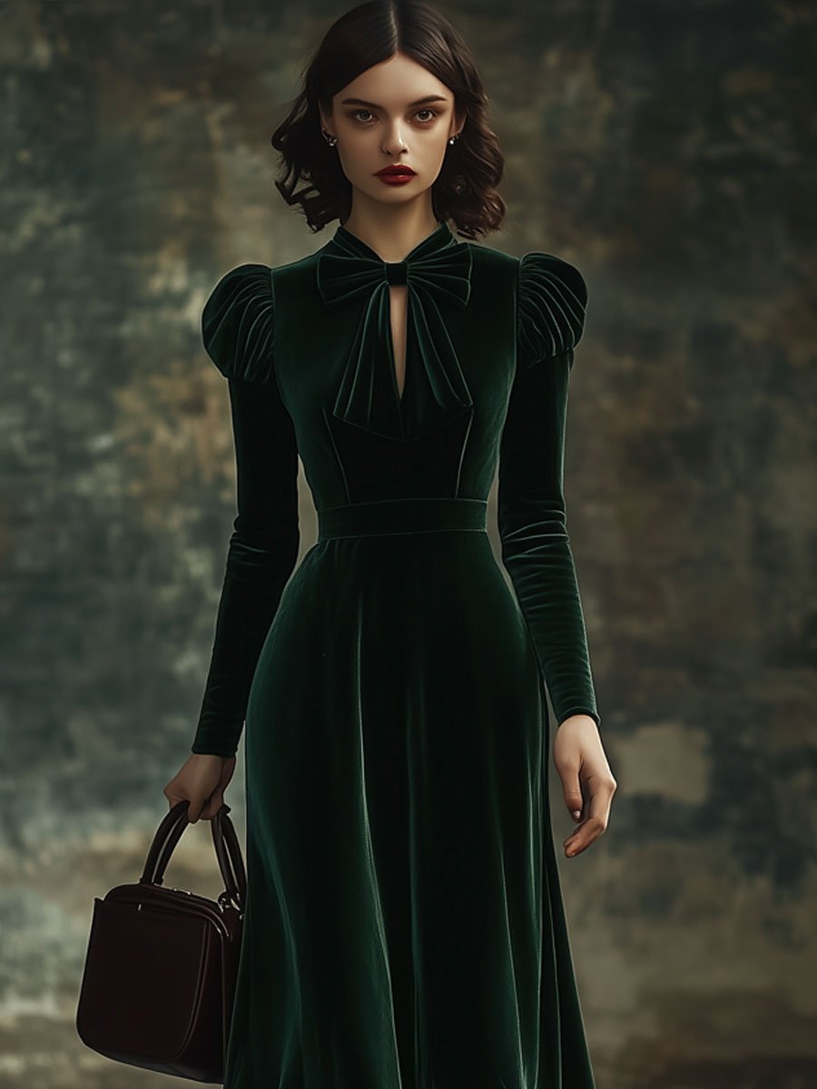 Velvet Maxi Dress with Stand-Up Collar and Long Sleeves Featuring a Bow - Ideal for Parties, Ships Within 24 Hours