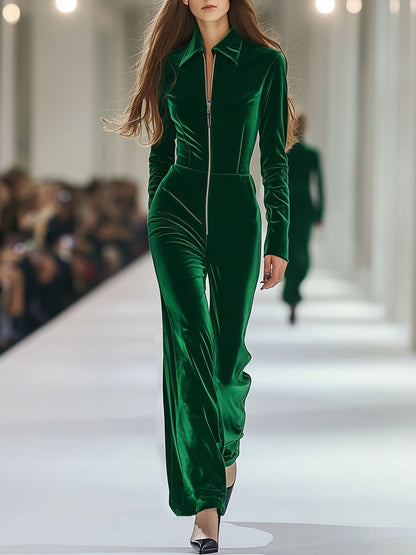24-Hour Shipping: Relaxed Fit Retro Green Velvet Jumpsuit with Long Sleeves and Zip Closure