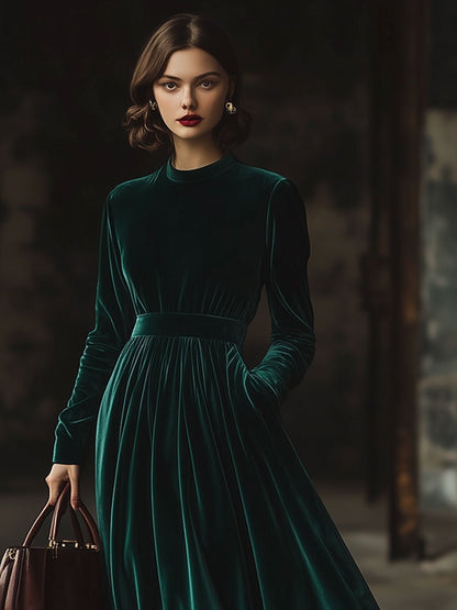 Velvet Maxi Dress with Long Sleeves, Loose Fit, Pockets, and Stand-Up Collar - Ships Within 24 Hours