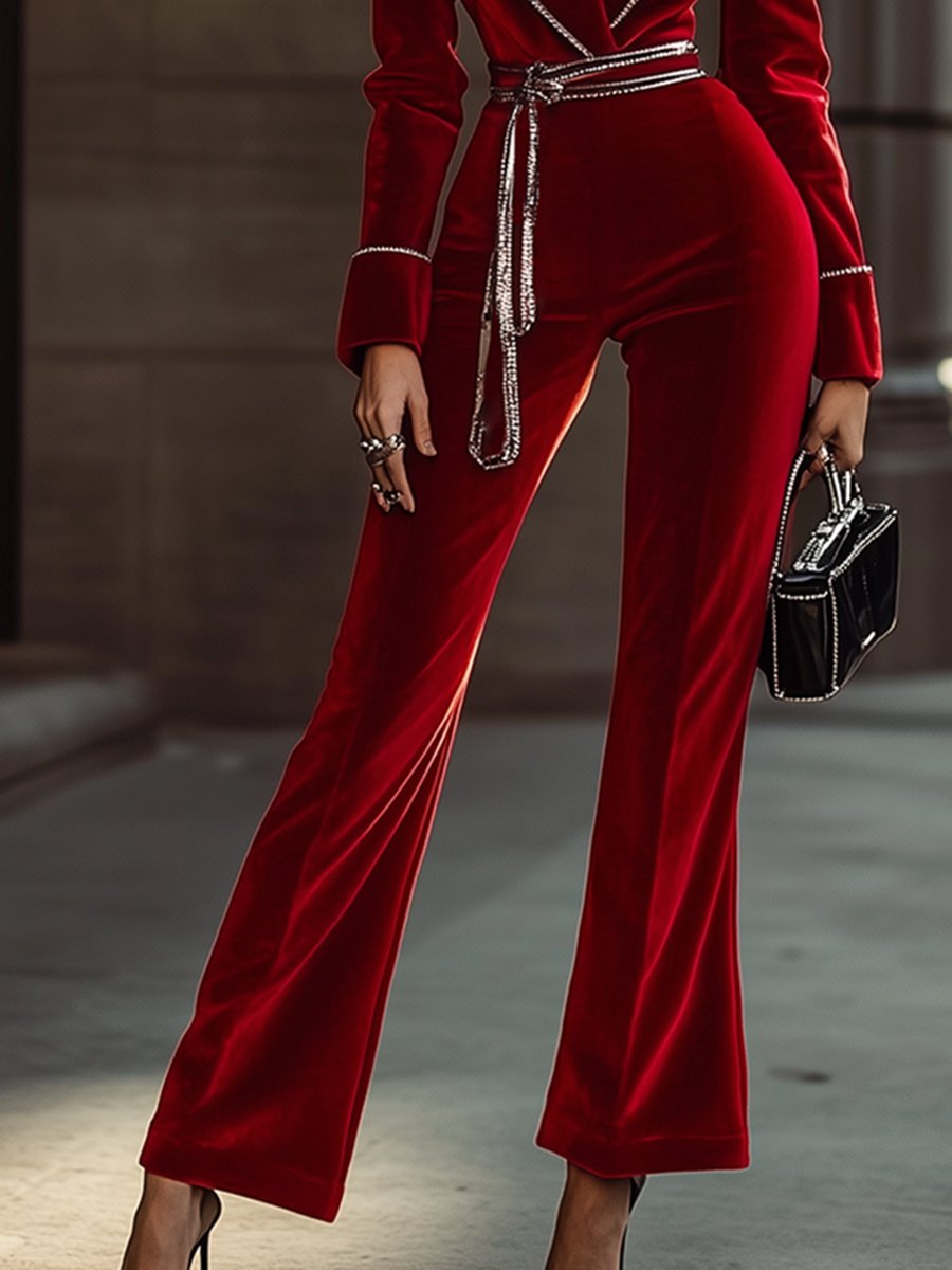 Chic Red Velvet Jumpsuit Featuring Sophisticated Silver Accents