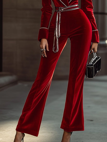 Chic Red Velvet Jumpsuit Featuring Sophisticated Silver Accents