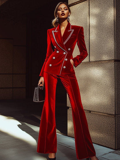 Chic Red Velvet Suit with Silver Accents - Ships Within 24 Hours