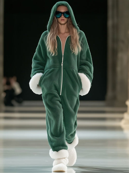 24-Hour Shipping: Casual Green and White Fleece Zip-Up Hoodie