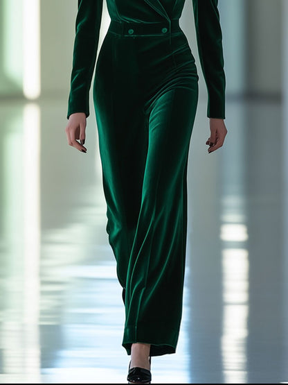 Green Velvet Retro-Inspired Jumpsuit with Double Collar and Long Sleeves - Ships Within 24 Hours