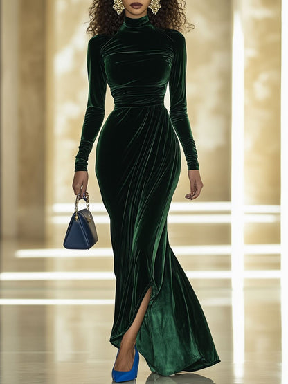 Chic Vintage Velvet Maxi Dress with High Neck and Long Sleeves - Ideal for Parties | 24-Hour Fast Shipping