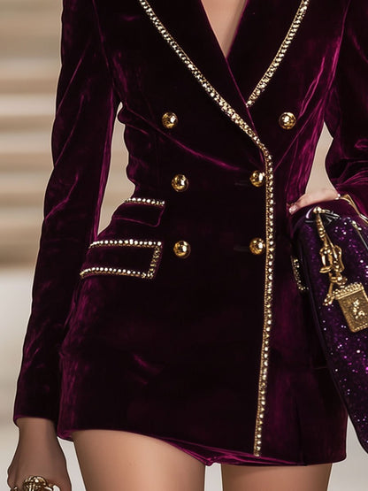 24-Hour Dispatch: Burgundy Velvet Casual Vintage Mini Dress with Gold Accents and Double Closure