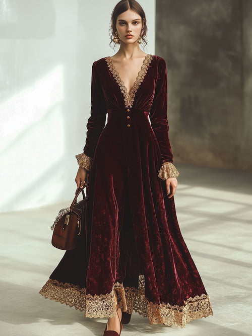 Ankola Velvet Lace Maxi Dress in Wintage Red with V-Neck and Long Sleeves