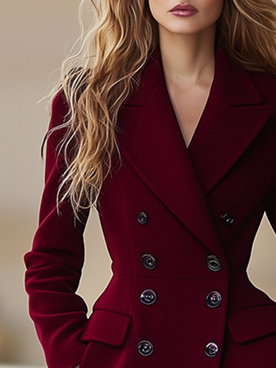 Burgundy Women's Long Wool Coat with Double Buttons and Lapels