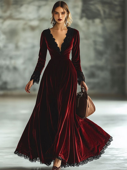 Chic Retro Maxi Dress with Lace Accents and Long Sleeves