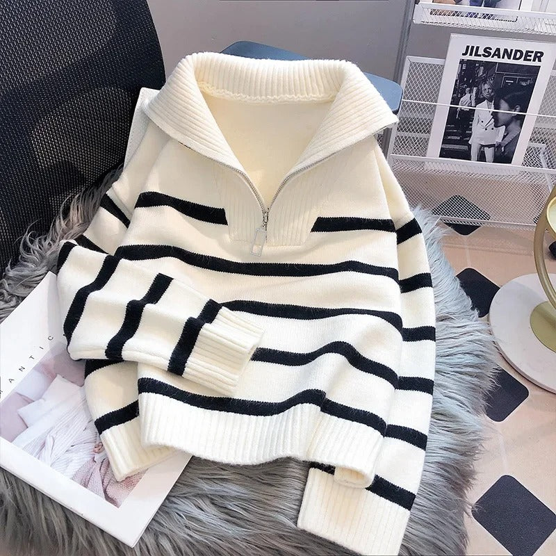 Lauren | Striped Wool Knit Sweater featuring Fold-Down Collar and Zip Closure