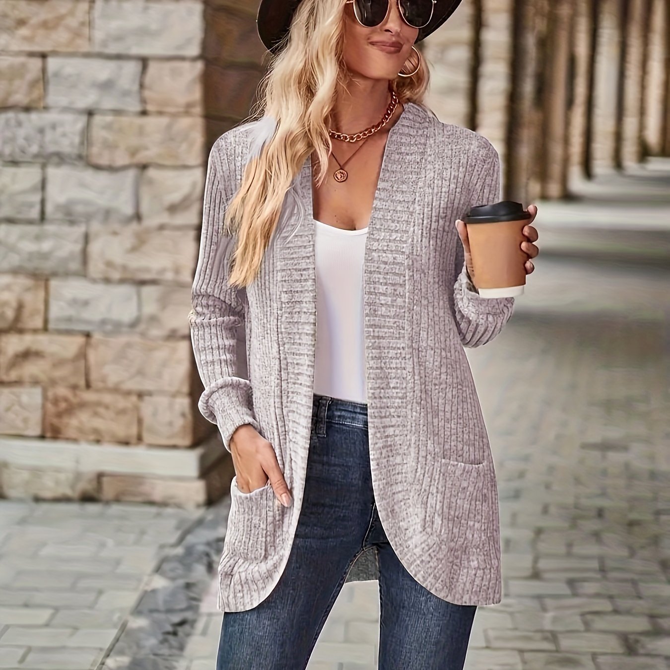 Lotte | Solid Color Open-Front Cardigan Featuring Pockets