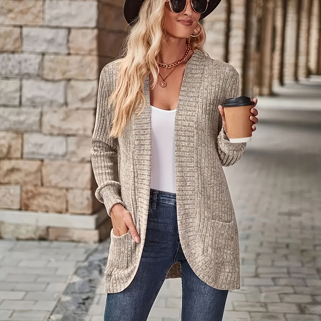 Lotte | Solid Color Open-Front Cardigan Featuring Pockets